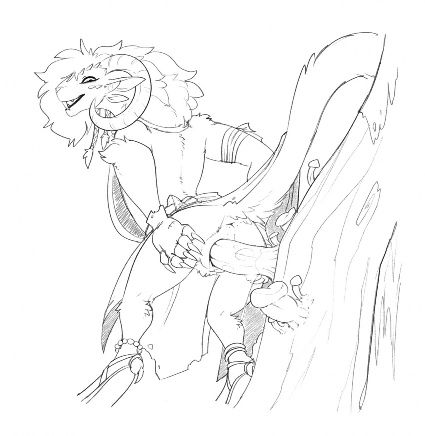 2021 anthro anus bodily_fluids charr clothed_female clothed_sex clothing felid female footwear fungus genital_fluids genitals guild_wars halbean hand_on_butt hi_res horn improvised_sex_toy looking_back mammal monochrome mushroom no_panties penetration pussy pussy_juice raised_tail sandals solo vaginal_penetration vex_(halbean) video_games