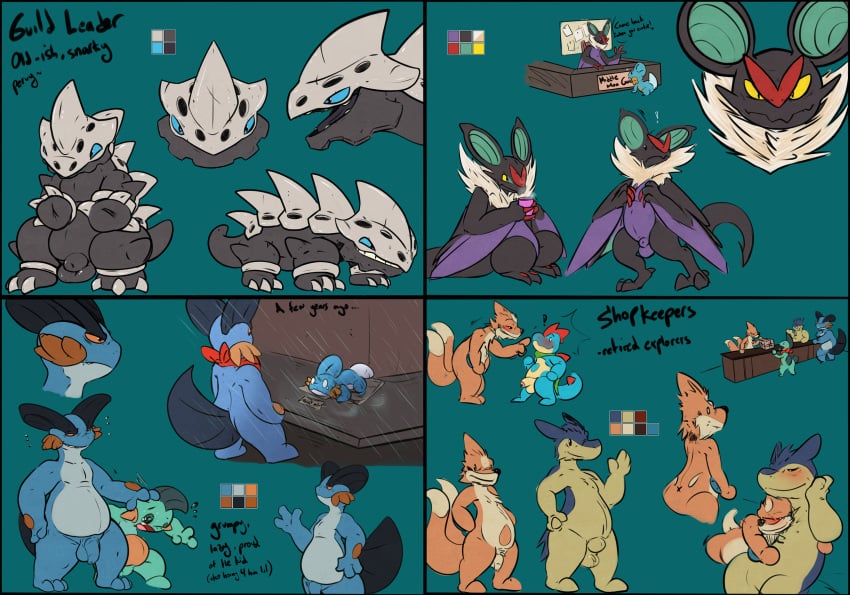 2021 age_difference animal_genitalia anthro asbel_lhant_(artist) beverage coffee conditional_dnp croconaw cup feral flaccid floatzel foreskin furry genitals group highres lairon male male_only marshtomp model_sheet mudkip nintendo noivern nude older_male penis pokemon pokemon_(species) secretary sheath simple_background size_difference solo swampert tapering_penis teasing testicles typhlosion uncut