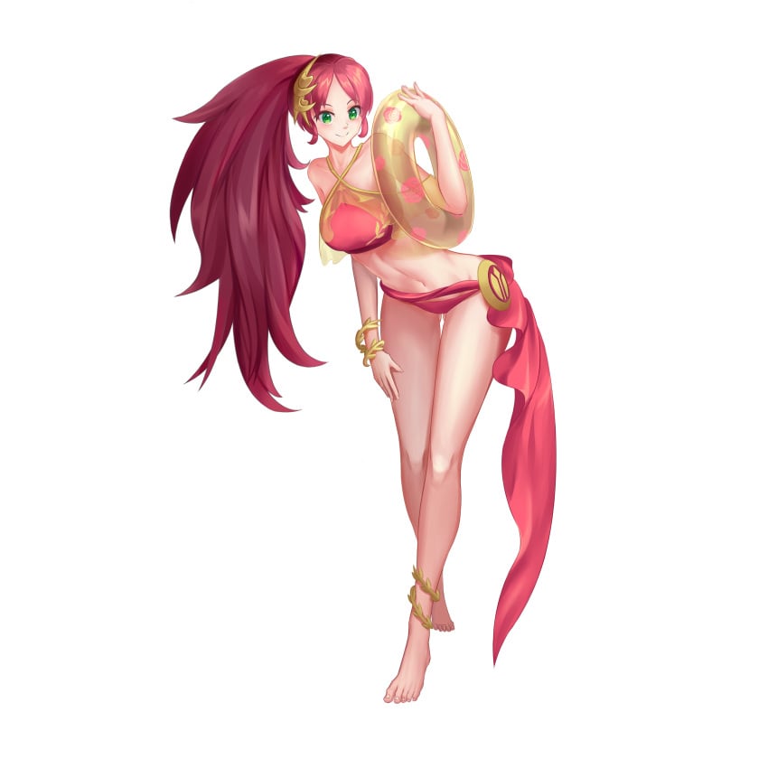 1girls bikini bracelet green_eyes high_ponytail huge_breasts long_hair orange_(artist) ponytail pyrrha_nikos red_hair rwby sash sidelocks voluptuous