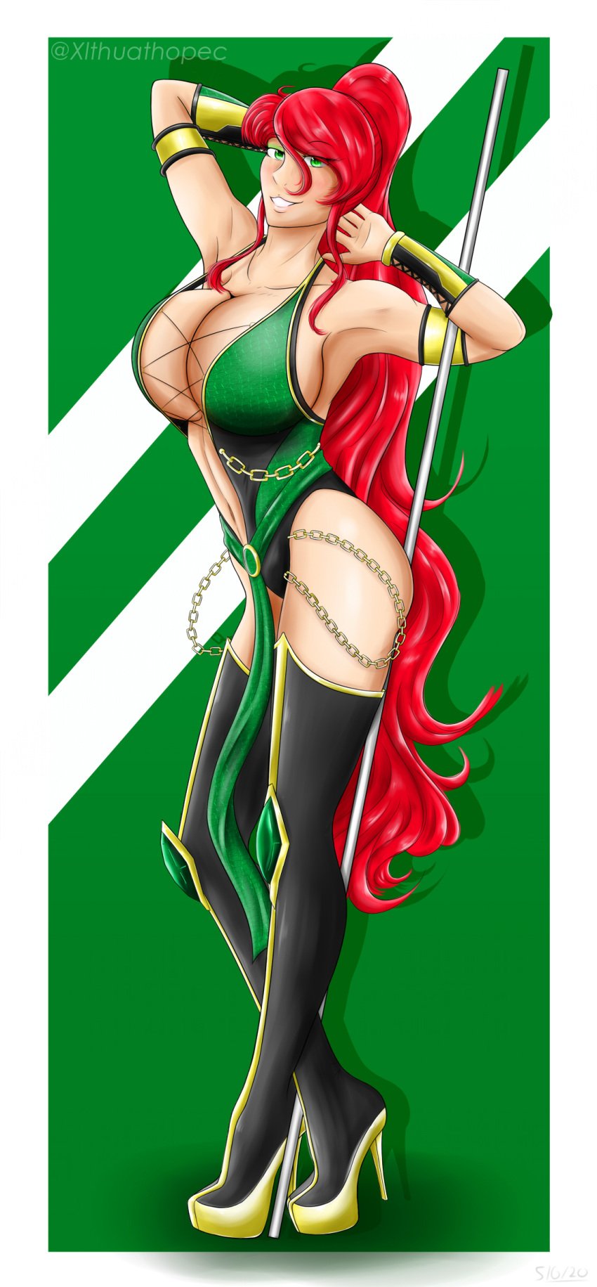 1girls 2d boots cosplay crossover crossover_cosplay fit_female green_eyes high_heel_boots high_heels huge_breasts jade_(mortal_kombat) jade_(mortal_kombat)_(cosplay) long_hair looking_at_viewer mortal_kombat ponytail pyrrha_nikos red_hair rwby staff thigh_boots voluptuous xlth