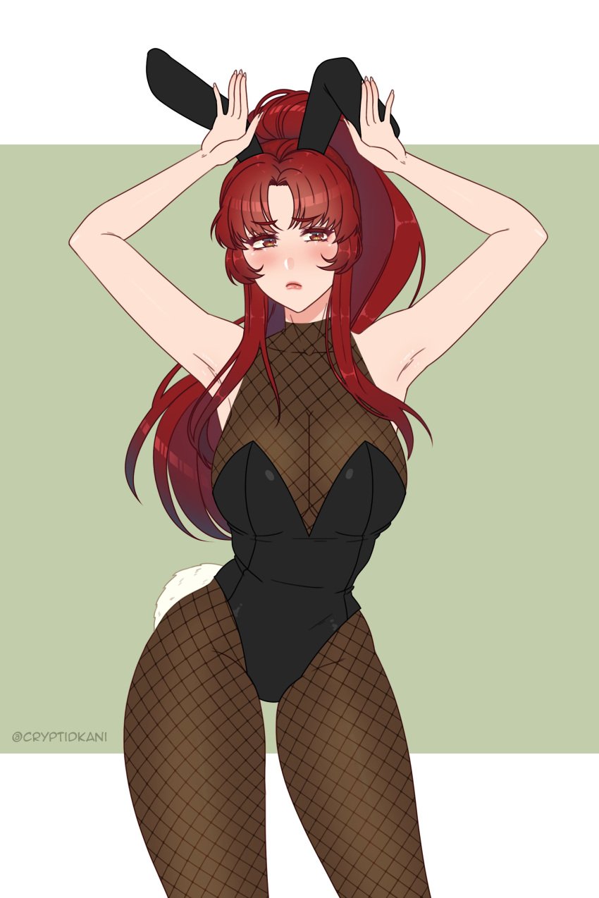 1girls armpits arms_up big_breasts bunny_ears bunny_ears_(gesture) bunny_girl bunnysuit cleavage cryptid_crab fishnet_stockings fishnets frown hand_gesture hands_up large_breasts long_hair original original_character ponytail red_eyes red_hair solo solo_female thick_thighs