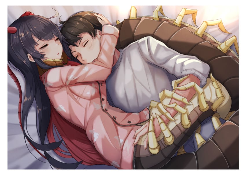 1boy 1girls antennae bug_girl centipede centipede_girl clothed clothing cuddling duo emukae_kaede female fully_clothed hugging light-skinned_female light-skinned_male light_skin monster_girl original pajamas pink_shirt plan039 sleeping wholesome