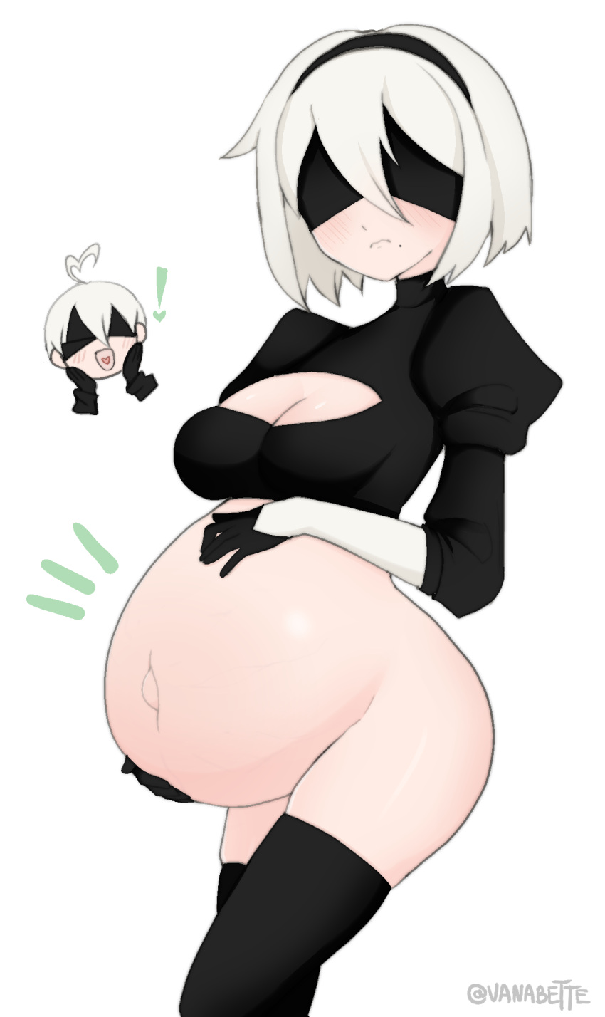 1boy 1girls breasts cleavage female holding_belly huge_belly male nier nier:_automata pregnant ready_to_pop solo_focus vanabette yorha_2b yorha_9s