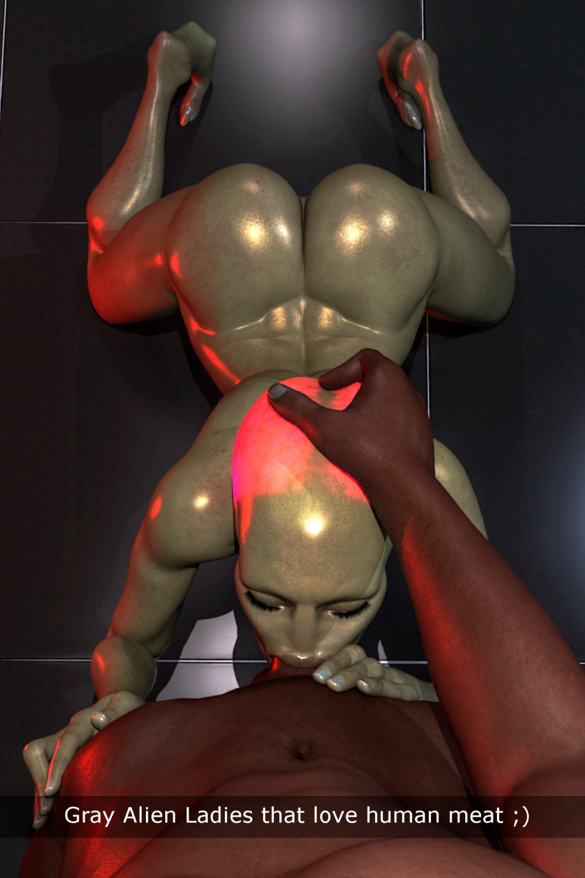 1boy 1boy1girl 1girls 3d_(artwork) alien alien_girl all_fours big_penis blowjob classic_alien dark-skinned_male dark_skin deepthroat english_text female glowing_head grey_alien grey_skin head_grab interracial nude_female pickle_juice snapchat tagme text