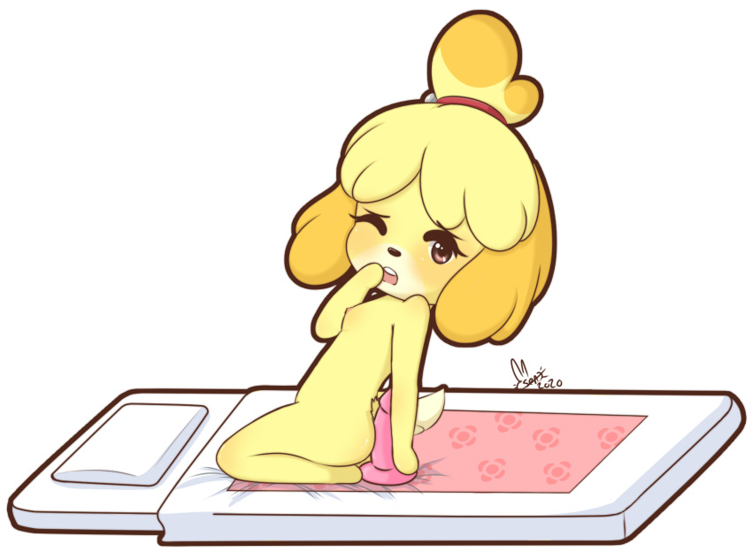 2020 animal_crossing anthro bed breasts canid canine canis chibi dildo domestic_dog female full-length_portrait furniture hi_res isabelle_(animal_crossing) kneeling looking_at_viewer mammal nennachan nintendo nude on_bed one_eye_closed portrait sex_toy shih_tzu side_view small_breasts solo toy_dog video_games yellow_body