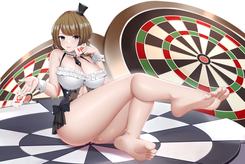 1girls absurdres azur_lane bare_arms bare_legs bare_shoulders barefoot blue_eyes breasts brown_hair card casino dead_or_alive dead_or_alive_xtreme_venus_vacation feet female highres holding holding_card kuroshiro_no_tsubasa looking_at_viewer medium_breasts monica_(doa) necktie poker see-through short_hair soles solo toes wrist_cuffs