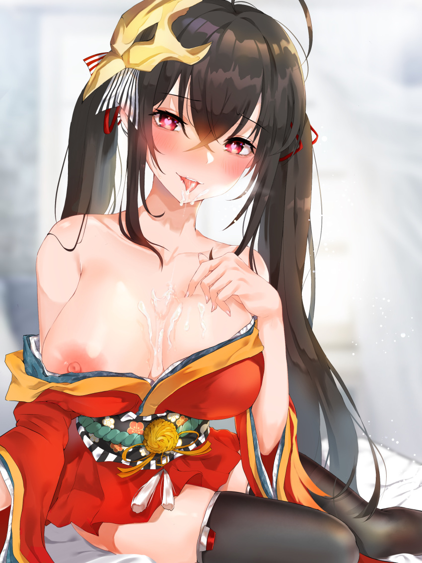 azur_lane breast_hold breasts cum cum_on_breasts futon_fly_away japanese_clothes nipples no_bra open_shirt skirt_lift taihou_(azur_lane) thighhighs