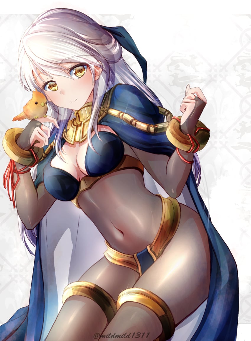 1girls bangs bird bird_on_hand black_legwear bloom blue_cape bodystocking bodysuit breasts bridal_gauntlets cape clear_glass_(mildmild1311) cleavage covered_navel cowboy_shot female fire_emblem fire_emblem:_radiant_dawn fire_emblem_awakening hair_ribbon half_updo highres long_hair medium_breasts micaiah_(fire_emblem) nintendo ribbon shiny shiny_clothes silver_hair smile solo tharja_(fire_emblem)_(cosplay) twitter_username white_background yellow_eyes yune_(fire_emblem)