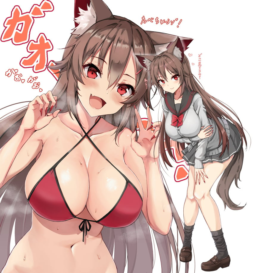 1girls alternate_costume amagi_(amagi626) breasts brown_hair female fluffy_ears kagerou_imaizumi kemonomimi large_breasts sharp_nails tagme touhou wolf_ears wolf_girl