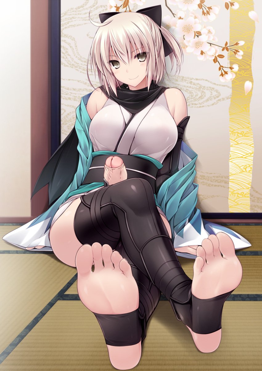 elzikyuchi feet futa_only futanari hung_futanari okita_souji_(fate)_(all) pale_skin penis soles stirrup_legwear tagme toes white_hair