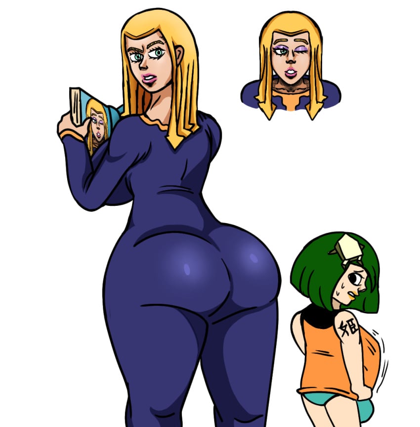 1girls big_ass big_penis bimbo blonde_hair blue_clothing breasts female hato_higashikata huge_ass huge_cock human jojo's_bizarre_adventure jojolion light-skinned_female light_skin long_hair paper_moon_king shounen_jump tagme tight_clothing tsurugi_higashikata