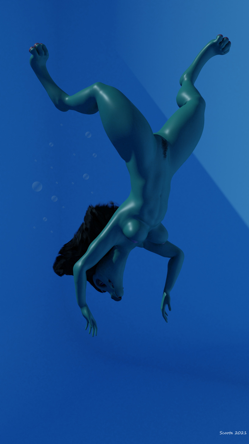 3d_(artwork) absurd_res air_bubbles anthro blender_(software) breasts bubble ceylidh_(scoota) digital_media_(artwork) dracanine female genitals hair hi_res nipples nude pubes pussy scoota shadow solo underwater water