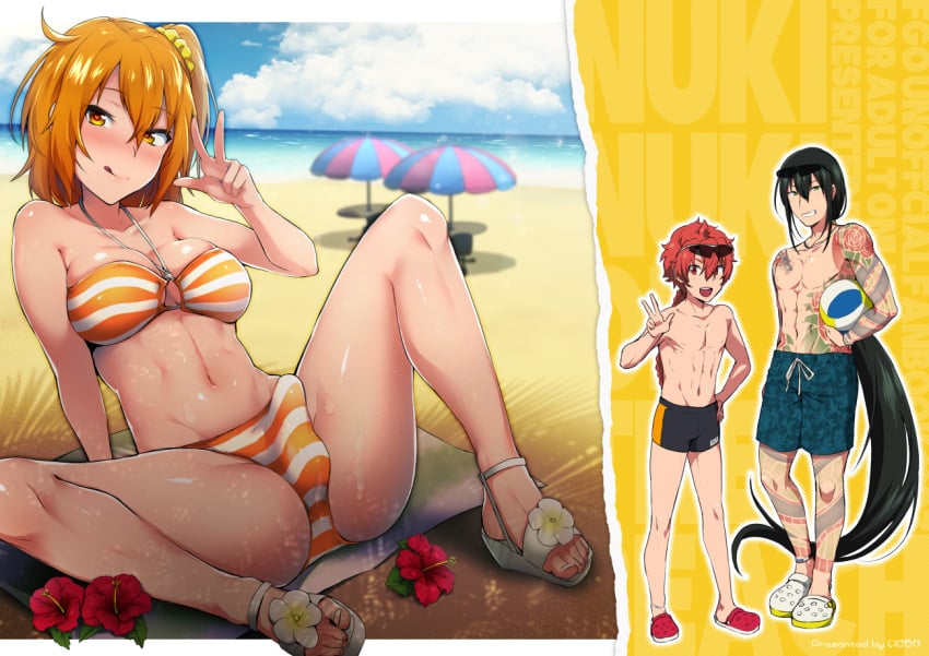 1futa 2boys alexander_(fate/grand_order) balls beach bikini breasts bulge clothed clothing fate/grand_order fate_(series) female flower fujimaru_ritsuka_(female) futa_focus futanari gudako human ikeshita_moyuko licking_lips looking_at_viewer male mostly_nude orange_hair pale_skin penis sitting solo_focus spread_legs swimsuit yan_qing_(fate/grand_order)