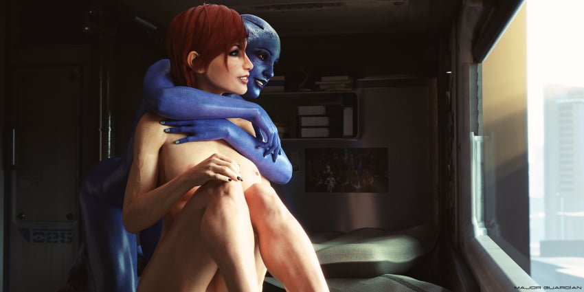 2girls 3d alien_girl asari blue_skin breasts commander_shepard couple female female_only femshep highres hugging hugging_from_behind human liara_t'soni looking_through_window major_guardian mass_effect nipples red_hair short_hair smile wholesome yuri