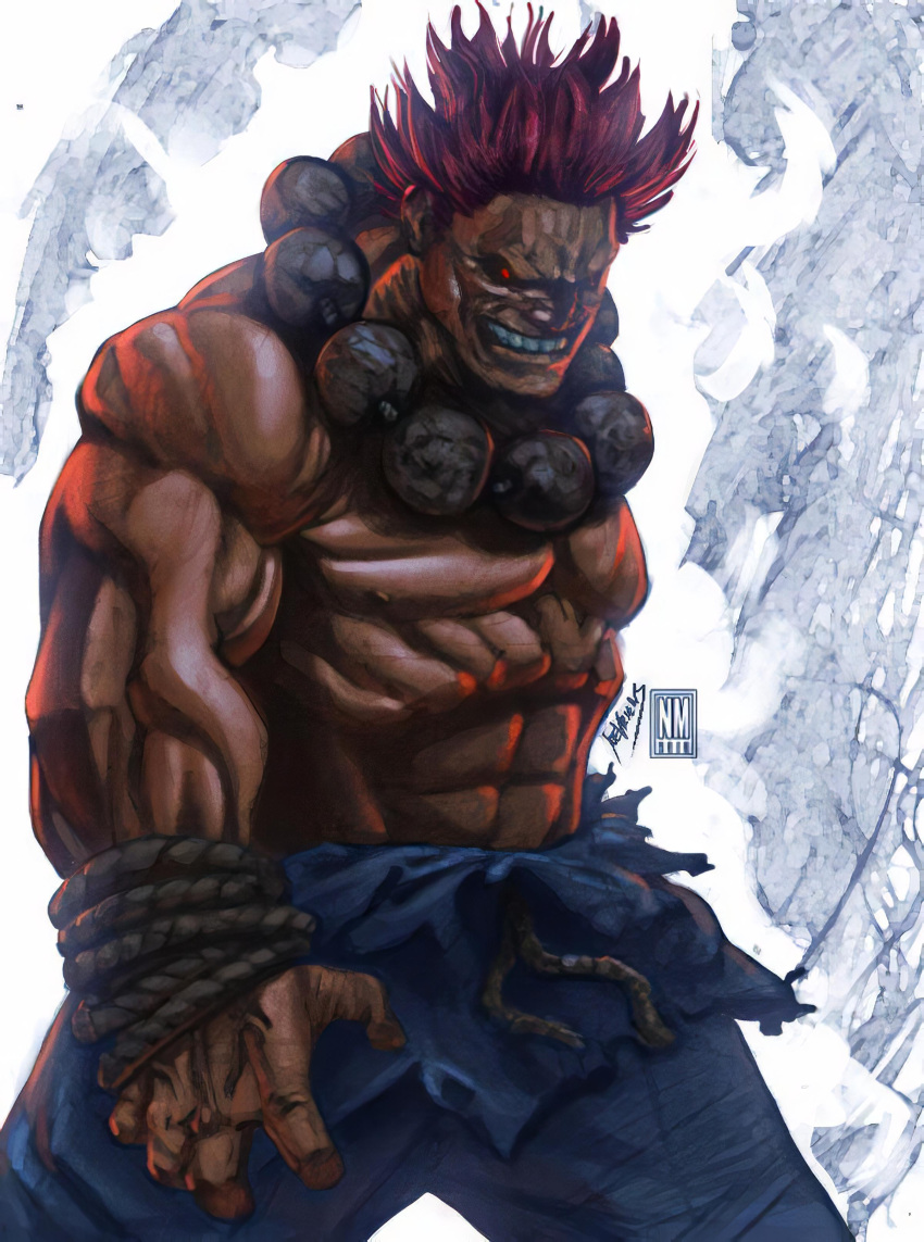 1boy akuma capcom gouki male_only muscular muscular_male panelgutter prayer_beads shirtless signature simple_background solo solo_male street_fighter watermark white_background