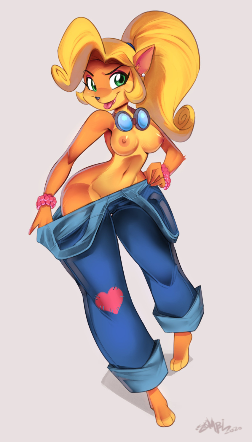 breasts coco_bandicoot crash_(series) feet furry green_eyes nipples orange_fur ponytail small_breasts undressing z0mbieraptor