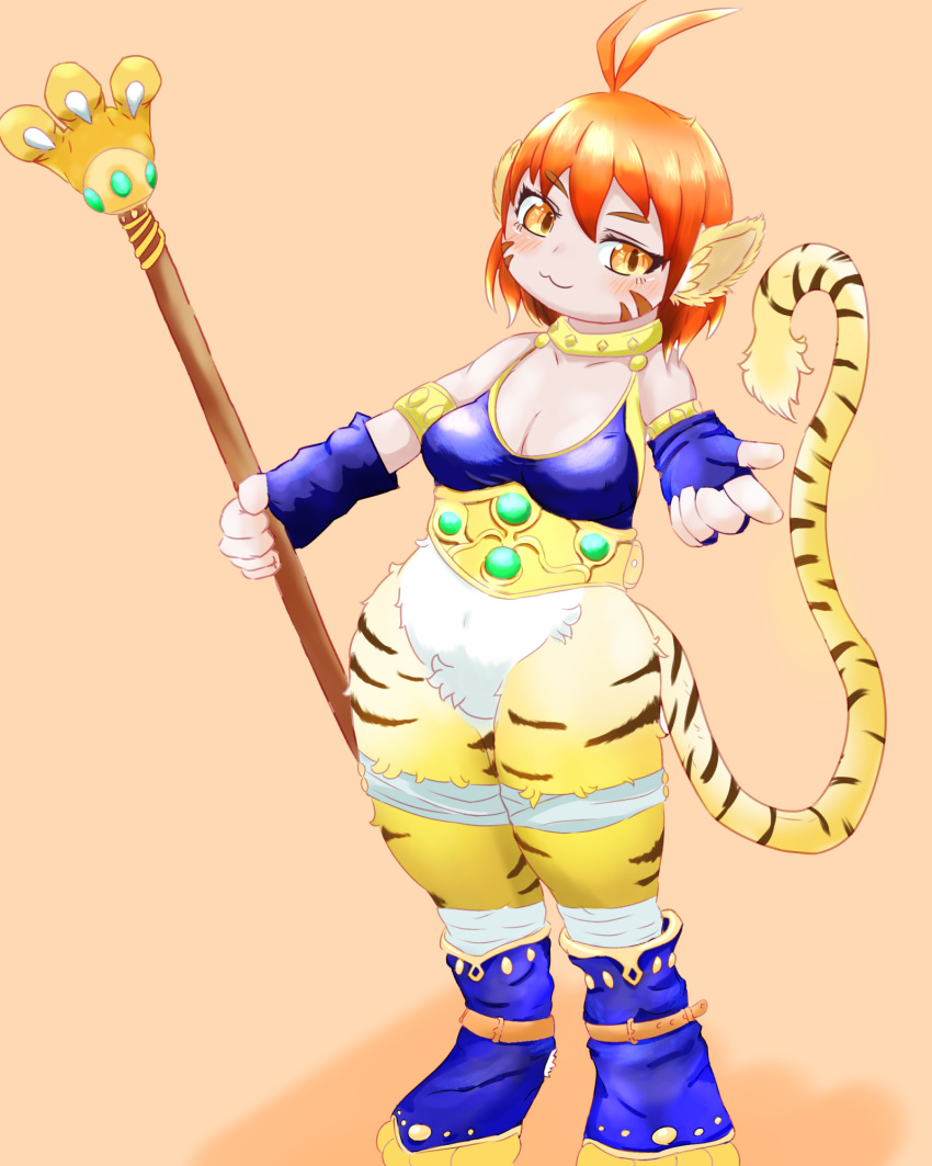 1girls breasts breath_of_fire breath_of_fire_ii cat_ears clothing feline feline_humanoid female hi_res katt katt_(breath_of_fire) no_panties orange_eyes orange_hair simple_background sirufi solo staff standing tail thighs