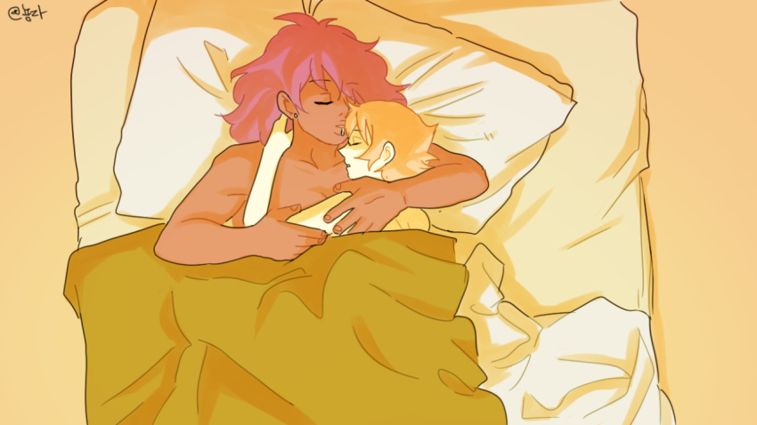 2girls cartoon_network cuddling dark-skinned_female female female_only lesbian long_hair multiple_girls mystery_girl_(steven_universe) nude nyong-choi pearl_(steven_universe) piercings pink_hair short_hair sleeping snuggling steven_universe under_covers wholesome yuri