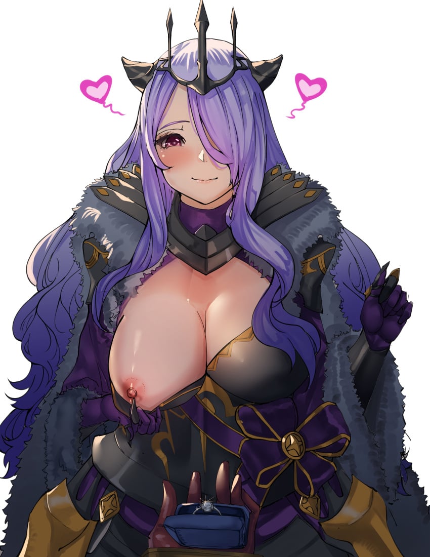 1girls alternate_costume armor armored_dress bangs black_dress blush breasts brown_gloves camilla camilla_(fire_emblem) camilla_(light_of_nohr)_(fire_emblem) cape cleavage clothes_pull commentary commission covered_mouth crown dress english_commentary fire_emblem fire_emblem_fates fire_emblem_heroes flashing fur-trimmed_cape fur_trim gauntlets gloves hair_ornament hair_over_one_eye hand_on_own_face heart highres holding horn_ornament horns huge_breasts jewelry large_breasts long_hair long_sleeves looking_at_viewer marriage_proposal nintendo nipples nyahpa20 official_alternate_costume one_breast_out pink_eyes pov pov_eye_contact proposal purple_eyes purple_hair ring seductive_smile shiny shiny_skin simple_background smile tiara very_long_hair wavy_hair wedding_ring white_background wholesome wide_sleeves