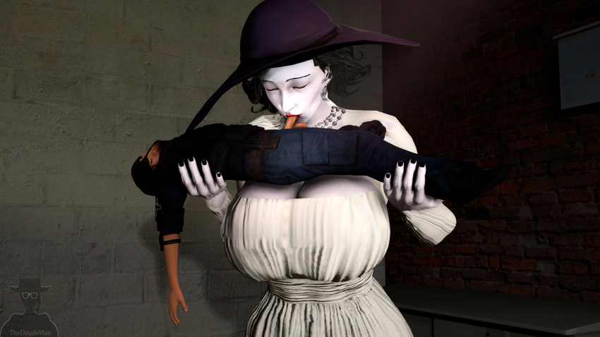 1boy 1girls 3d alcina_dimitrescu amazon_fellatio big_breasts big_penis biohazard black_nails blowjob breasts_bigger_than_head bridal_carry capcom carrying cleavage clothed dress fellatio femdom giantess grey_skin hat helmet hetero huge_breasts large_breasts larger_female light-skinned_female light_skin looking_at_viewer malesub milf mommy_kink oral pale-skinned_female pale_skin penis red_lipstick resident_evil resident_evil_8:_village size_difference smaller_male source_filmmaker straight suspended_fellatio taller_girl theduudeman upper_body vampire yellow_eyes