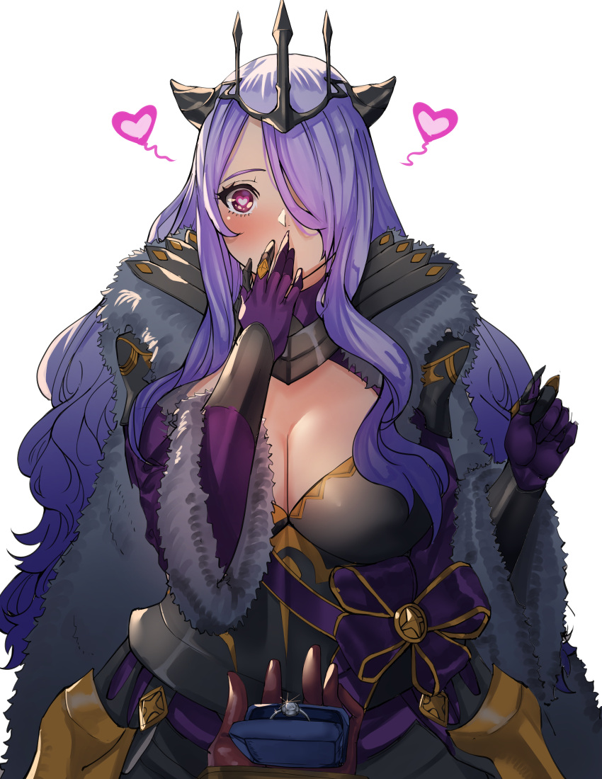 1girls alternate_costume armor armored_dress bangs black_dress blush breasts brown_gloves camilla_(fire_emblem) camilla_(light_of_nohr)_(fire_emblem) cape cleavage commentary commission covered_mouth covering_mouth crown dress english_commentary fire_emblem fire_emblem_fates fire_emblem_heroes fur-trimmed_cape fur_trim gauntlets gloves hair_ornament hair_over_one_eye hand_on_own_face hand_over_own_mouth heart heart-shaped_pupils highres holding horn_ornament horns huge_breasts jewelry large_breasts long_hair long_sleeves looking_at_viewer marriage_proposal nintendo nyahpa20 official_alternate_costume pov pov_eye_contact proposal purple_eyes purple_hair ring simple_background solo solo_female symbol-shaped_pupils tiara very_long_hair wavy_hair wedding_ring white_background wholesome wide_sleeves