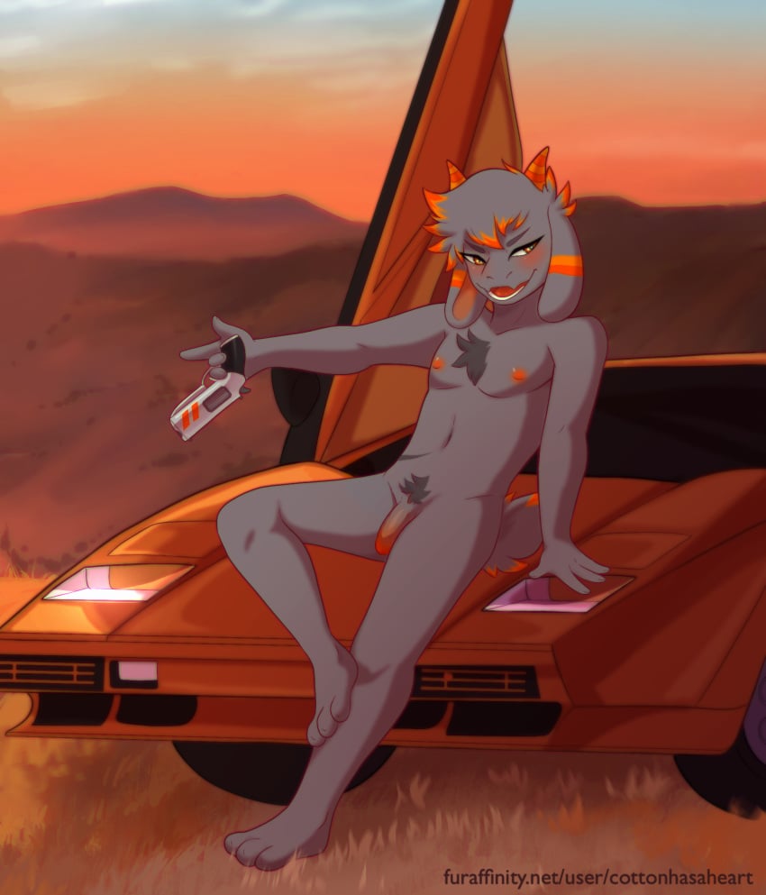 absurd_res anthro balls blush bovid caprine car car_hood_pose chest_tuft chromatic_aberration cottonhasaheart detailed_background floppy_ears fur genitals goat grey_body grey_fur gun gusta_(gusta) hair handgun hi_res holding_gun holding_object holding_weapon horn lamborghini_countach male mammal nipples nude open_mouth orange_eyes orange_horn orange_nipples orange_penis orange_stripes penis pubes ranged_weapon revolver scar shaded sitting_on_car solo sports_car stripes tail_tuft tuft vehicle weapon