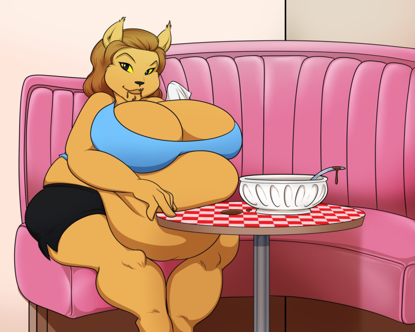 black_shorts blue_tank_top booth caitian_(species) fat_belly female huge_belly huge_breasts ice_cream riddleaugust shiboline_m'ress squished_belly star_trek star_trek_the_animated_series stuffing stuffing_(food) weight_gain