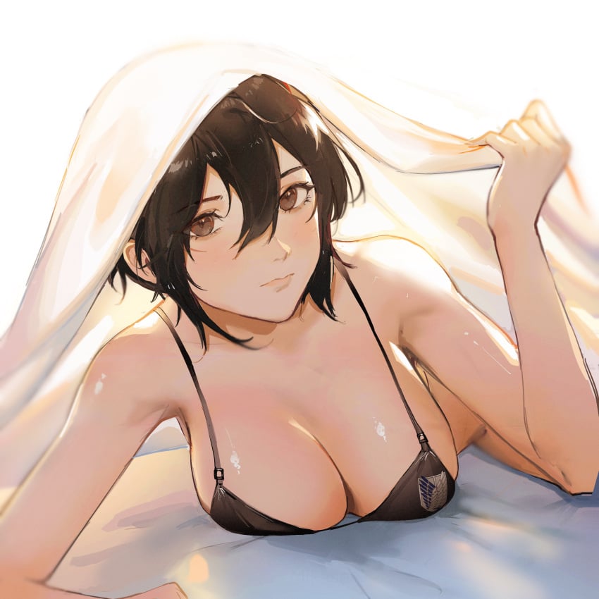 1girls 2021 attack_on_titan bed bedroom black_bra black_eyes black_hair blanket bra breasts brown_eyes cakee cleavage eyelashes female female_focus female_only grey_eyes highres in_bed looking_at_viewer medium_breasts medium_hair mikasa_ackerman on_bed pale_skin scar shingeki_no_kyojin short_hair slim solo solo_female solo_focus sunset under_covers