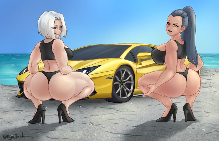 2girls apple_butt artist_name ass background beach big_ass big_breasts big_butt big_nipples blue_hair bubble_ass bubble_butt car colored_background erect_nipples fat_ass high_heels high_resolution huge_ass huge_breasts huge_butt lamborghini large_ass large_breasts large_butt long_hair looking_at_viewer looking_back meowlinch multiple_girls muscles muscular muscular_arms muscular_back muscular_female muscular_legs muscular_thighs nipples ocean only_female pale-skinned_female pale_skin ponytail posing red_eyes round_ass roxy_(lycanthieves) sea severia_(meowlinch) short_hair sideboob silver_hair smile smiling sports_bra sports_uniform sportswear spread_legs squatting sunshine tanned tanned_skin thick_ass wallpaper yellow_eyes