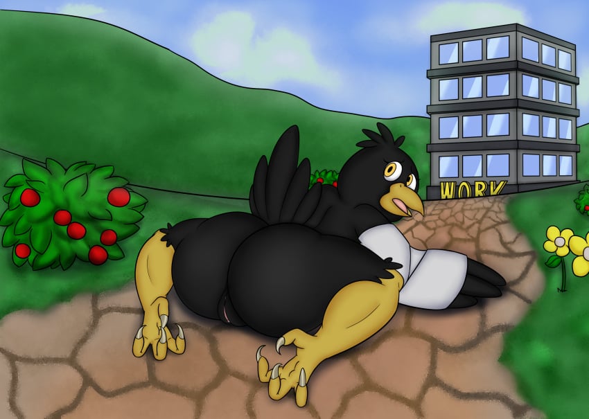 anthro ass avian bandage big_butt bird black_body building catastrophe_crow_64 cloud corvid corvus_(genus) crow feathers female flower food fruit genitals hi_res kiffy_(artist) looking_back lying nude on_front oscine outside passerine peak plant pussy shrub solo video_games yellow_eyes