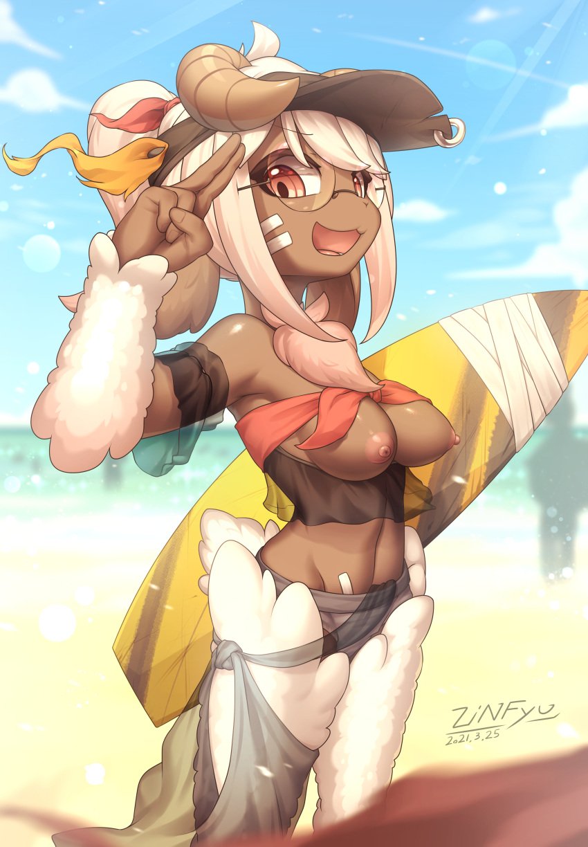 absurd_res bandage beach breasts brown_body brown_skin female hi_res hichuena_(zinfyu) horn humanoid looking_at_viewer nipple_slip nipples pink_eyes sakura_hichuena seaside sheep smile surfboard surfing wool_(disambiguation) zinfyu