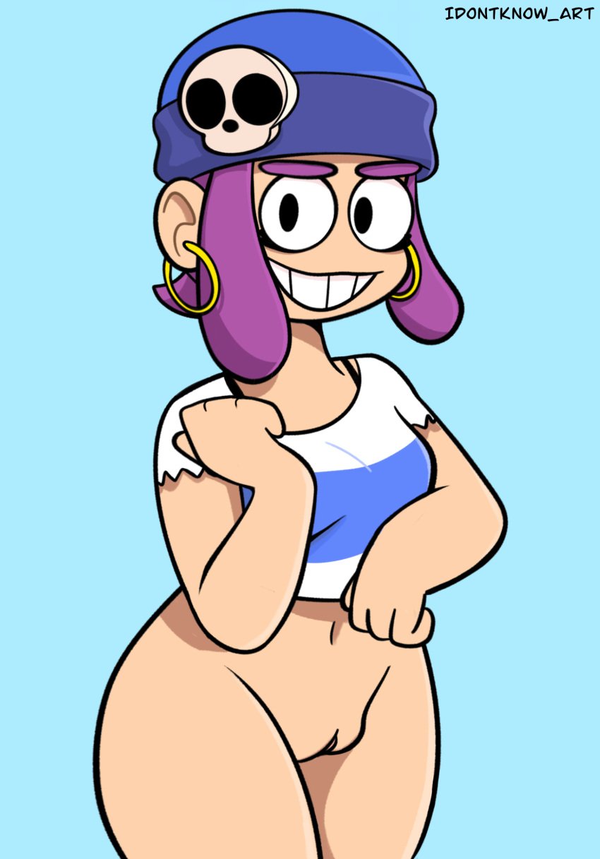 1girls beanie blue_background blue_beanie brawl_stars earrings idontknow_art penny_(brawl_stars) purple_hair self_upload showing_off showing_pussy small_breasts smile smiling smiling_at_viewer tagme