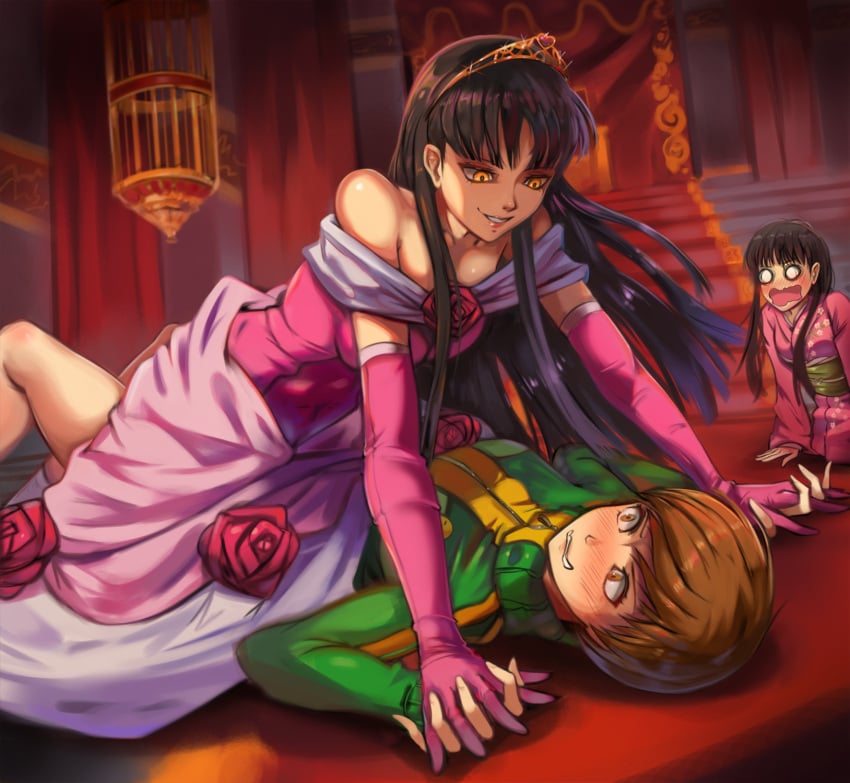 2021 3girls amagi_yukiko atlus black_hair blush brown_hair clothing corruption dress female female_only femdom glowing_eyes hi_res human imminent_rape imminent_sex interlocked_fingers jacket long_hair megami_tensei on_back outerwear persona persona_4 pinned pinned_down pinned_to_floor questionable_consent satonaka_chie sega shadow_(persona) shadow_self_(persona) shadow_yukiko short_hair sportswear straddling toasty_scones tomboy topwear track_jacket yuri