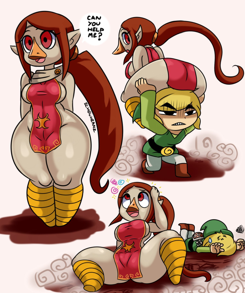 1boy 1girls ass beak bird_girl bottomless_loincloth breasts brown_hair cameltoe clothing dialogue female ichduhernz large_breasts link loincloth long_hair male medli nintendo ponytail red_eyes shortstack text the_legend_of_zelda the_wind_waker thick_thighs toon_link wide_hips wind_waker