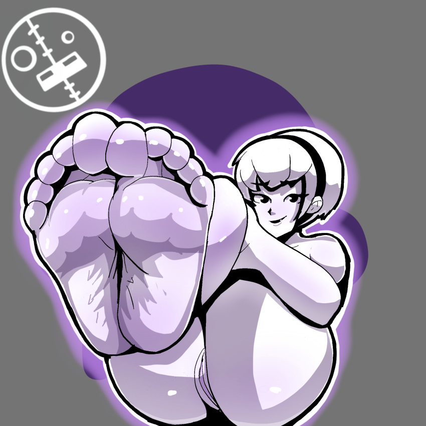 1girls 2021 black_lipstick blush dmandestroys feet foot_fetish foot_focus grey_background headband homestuck looking_at_viewer ms_paint_adventures naked pussy rose_lalonde short_hair smile soles solo toes white_hair white_skin