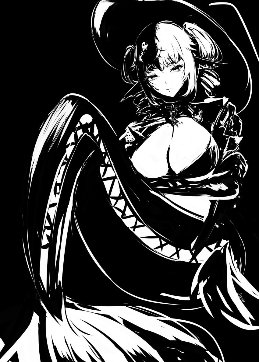 _aruiu arms_under_breasts bent_tail big_breasts black_and_white black_hair black_hat breasts chained_collar chains christian_cross cleavage cleavage_cutout collar cross cutout digital_art digital_drawing_(artwork) digital_media_(artwork) eyebrows eyebrows_visible_through_hair eyelashes eyeliner fin fishbone hair hair_between_eyes hair_ornament hair_ribbon hairband hat large_breasts latex latex_dress latex_gloves leather looking_at_viewer mermaid mermaid_ears mermaid_tail monochrome monster_girl multicolored_hair murmaider signature sitting split-color_hair tail_fin twin_drills twitch twitch.tv virtual_youtuber vtuber white_hair