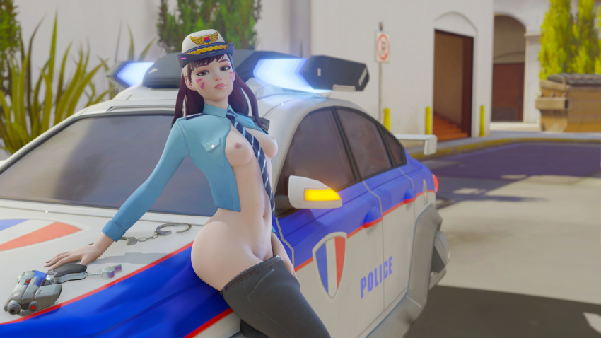 1girls 3d alternate_costume asian ass blizzard_entertainment breasts brown_eyes brown_hair burgundy_hair butt car cute d.va dat_ass egirl eyelashes eyeliner eyeshadow facepaint facial_mark facial_markings female female_only fringe gun hollywood_(map) korean light_skin long_hair looking_at_viewer nipples no_panties overwatch pale-skinned_female pale_skin pants_down perky_breasts petite pink_eyeshadow pink_lipstick police police_hat police_officer police_officer_d.va police_uniform policewoman pose posing seductive seductive_eyes seductive_look seductive_smile skinny slim solo wackation whisker_markings