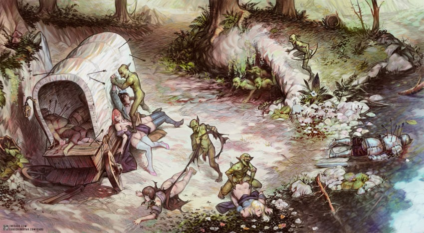 4girls 6+boys ambush armor arrow_(projectile) arrow_in_body barrel black_hair blonde_hair bow_(weapon) branch breasts brown_hair censored colored_skin cum cum_in_mouth day death english_commentary fellatio female_death full_armor full_body goblin goblin_male goblin_slayer grass green_skin has_uncensored_version high_heels lying male_death mass_rape multiple_boys multiple_girls nude on_stomach open_mouth oral outdoors party_wipe penis plant plate_armor pointy_ears prone_bone rape red_hair road rock sabudenego sex sex_from_behind spoils_of_war standing stream sword sехual tearing_clothes teeth thighhighs tongue tongue_out torn_clothes tree wagon water watermark weapon web_address