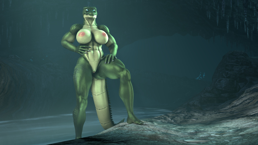 3d_(artwork) 5_fingers 5_toes absurd_res anthro blue_eyes blue_light blue_lights breasts cave crocodile crocodile_(petruz) crocodilian crocodylid dark digital_media_(artwork) feet female fingers green_body hi_res liberarsi muscular muscular_female petruz_(copyright) reptile scalie solo source_filmmaker standing_in_water standing_position toes water