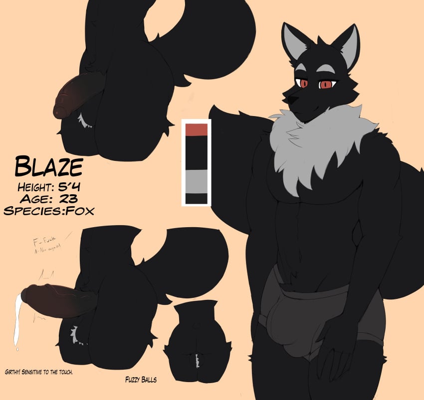 absurd_res anthro arm_tuft ass backsack balls big_penis black_body black_fur blaze_(blazethefox) blazethefox bodily_fluids boxers_(clothing) bulge canid canine canis clothing color_swatch crotch_tuft cum cum_drip dialogue dripping english_text erection facial_tuft flaccid foreskin fur genital_fluids genitals hi_res male male_only mammal model_sheet navel partially_retracted_foreskin penis pubes red_eyes simple_background smile solo standing tan_background text tuft underwear vein wolf