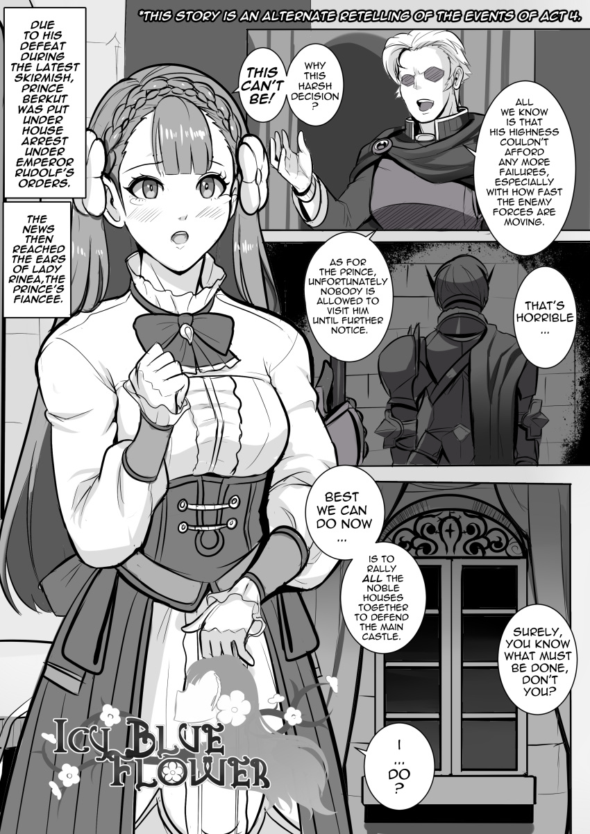 comic dress english_text fire_emblem fire_emblem_echoes:_shadows_of_valentia long_hair monochrome revolverwingstudios rinea_(fire_emblem) tears text