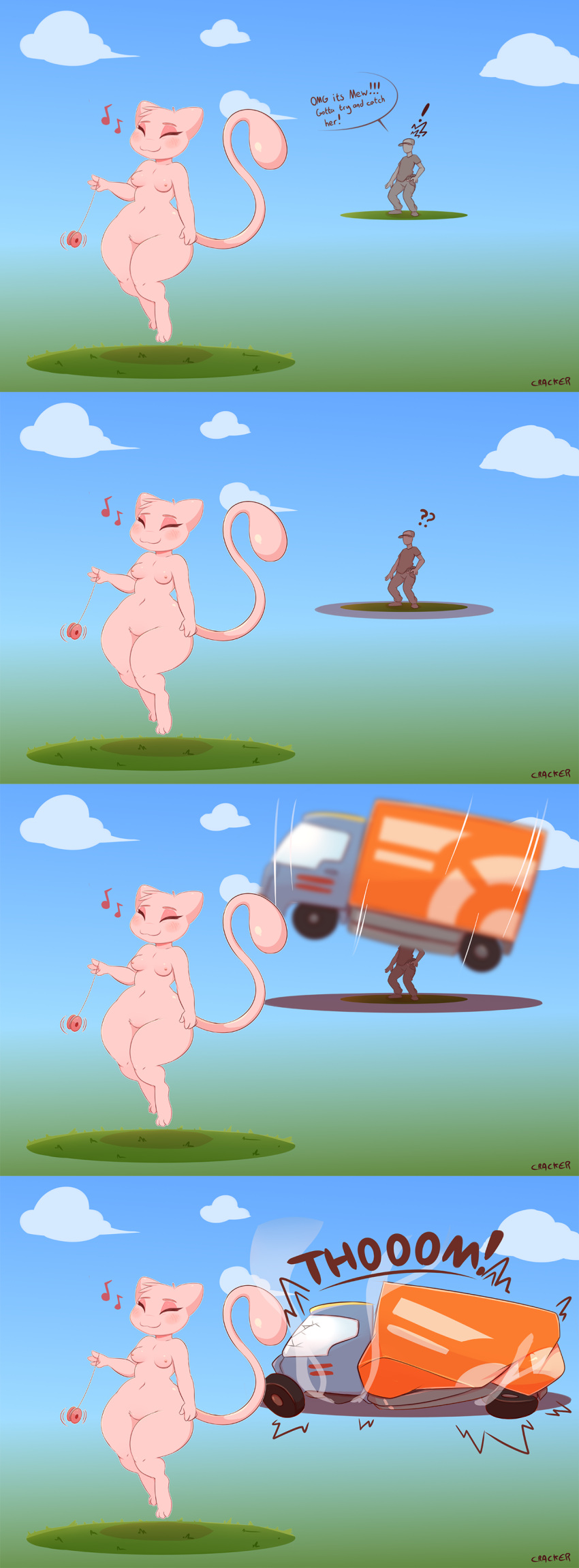 cracker_(artist) female floating male mew pokemon pokemon_(species) pokemon_trainer shortstack straight_hair truck