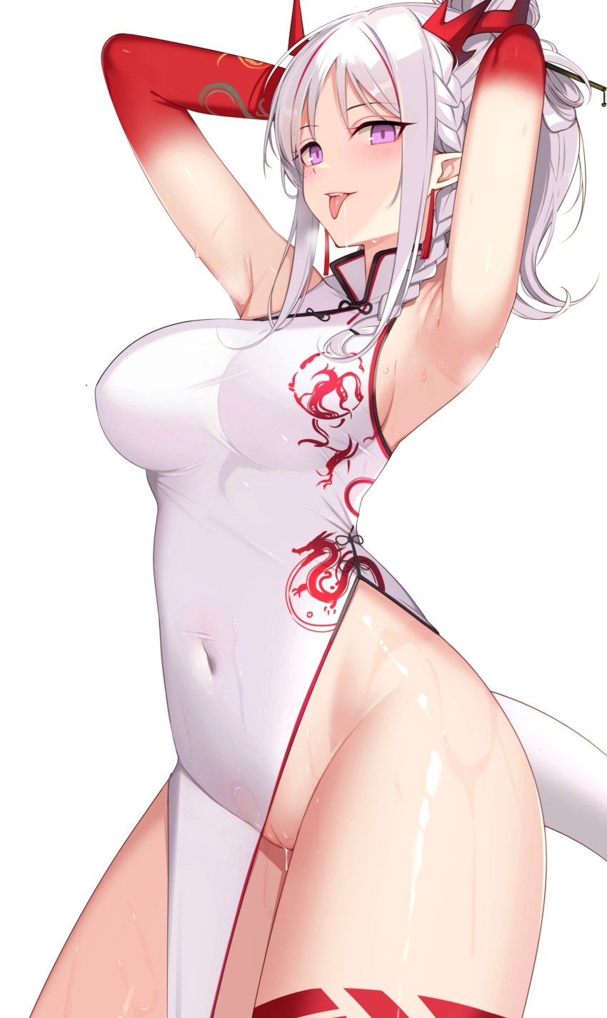 :p absurdres arknights armpits arms_up ateoyh bangs bare_shoulders braid breasts china_dress chinese_clothes commentary_request covered_navel cowboy_shot dress female groin highres horns large_breasts long_hair looking_at_viewer nian_(arknights) nian_(unfettered_freedom)_(arknights) no_panties partial_commentary purple_eyes pussy silver_hair simple_background sleeveless sleeveless_dress solo standing tail taut_clothes taut_dress thighs tongue tongue_out uncensored white_background white_dress