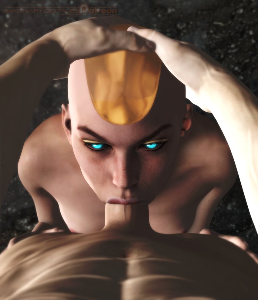 3d angry bald blue_eyes deepthroat defeated eye_contact goddess hand_on_head head_grab imaginarydigitales kronika looking_at_viewer male maledom mortal_kombat oral partial_male penis pov