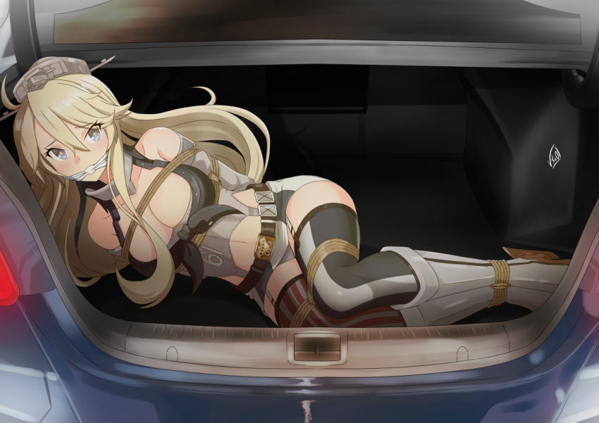 big_breasts blonde_hair bondage bound car_trunk cleave_gag gag iowa_(kantai_collection) kantai_collection kidnapping vakaosciosa