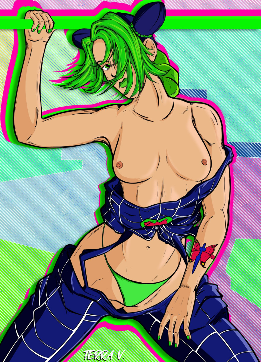 green_hair jojo's_bizarre_adventure jolyne_kujo partial_armpit stone_ocean terravangelion toned toned_female topless