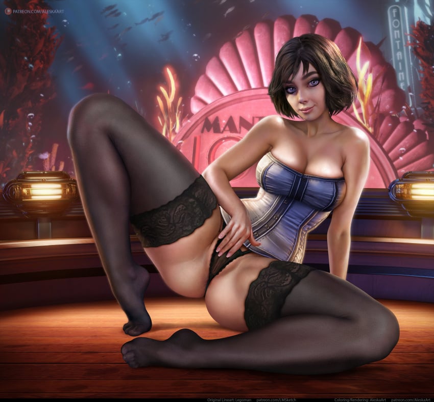 1girls 3d aleskaart artist_name big_breasts bioshock bioshock_infinite breasts burial_at_sea character_name cleavage copyright_name elizabeth_comstock female female_only large_breasts legoman looking_at_viewer panties rapture_(bioshock) solo thighhighs