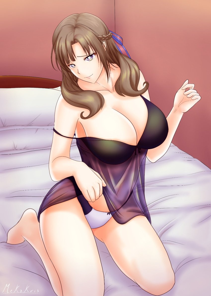 1girls babydoll bed bed_sheet bedroom breasts brown_hair female female_focus female_only kneeling large_breasts lingerie looking_away mature mature_female mature_woman mekakris milf mouth_closed negligee on_knees oosuki_mamako panties simple_background solo tsuujou_kougeki_ga_zentai_kougeki_de_ni-kai_kougeki_no_okaasan_wa_suki_desu_ka?