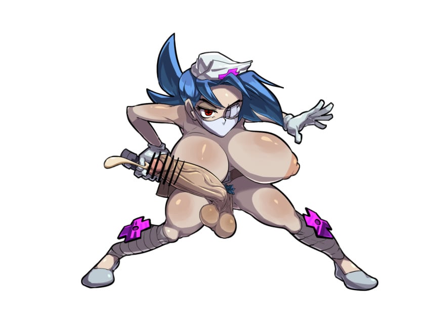 1futa balls big_balls blue_hair breasts cum eyepatch fried-chicken futa_only futanari huge_breasts huge_cock human large_breasts large_penis mask nude nurse penis red_eyes skullgirls solo standing tan valentine_(skullgirls)