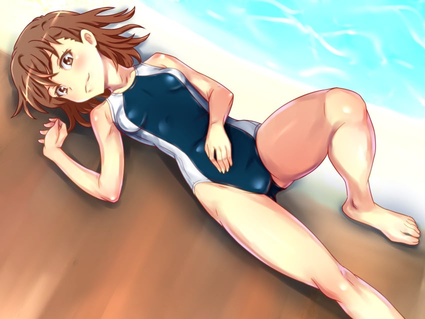 1girls barefoot blush brown_eyes brown_hair female hair looking_at_viewer lying misaka_mikoto nike_(0306) on_back one-piece_swimsuit school_swimsuit smile solo swimsuit teenage_girl teenager to_aru_kagaku_no_railgun to_aru_majutsu_no_index tokiwadai_school_swimsuit young